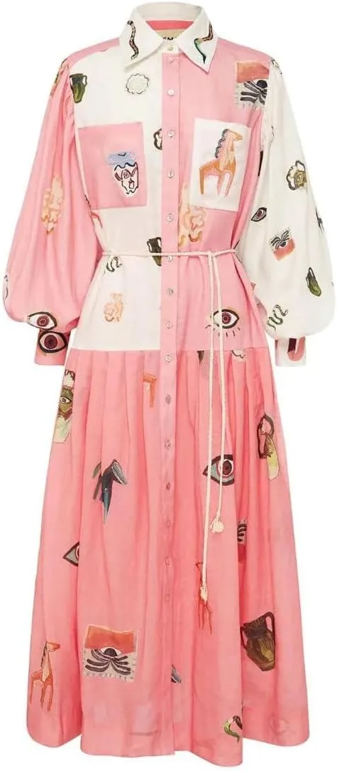 Women's Retro French Court Style Graffiti Printed Dress Vintage Lantern Sleeve Linen Maxi Dress with Belt