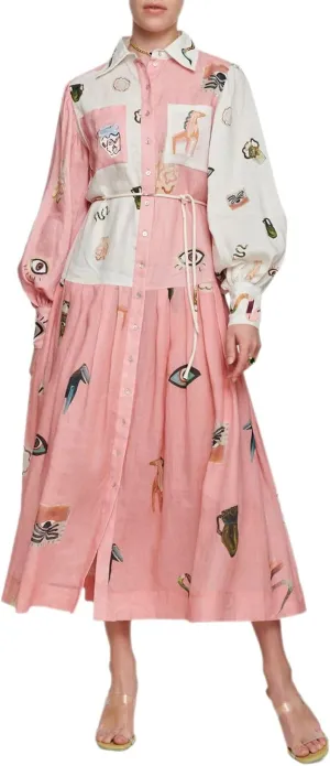 Women's Retro French Court Style Graffiti Printed Dress Vintage Lantern Sleeve Linen Maxi Dress with Belt