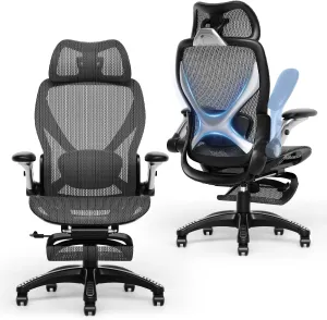 X100 Ergonomic Office Chair with Footrest, Big and Tall Home Desk Chair with 5D Flip-Up Arms, Adjustable 3D Adaptive Lumbar Support,High Back Rolling Computer Chair, Swivel Gaming Mesh Chairs