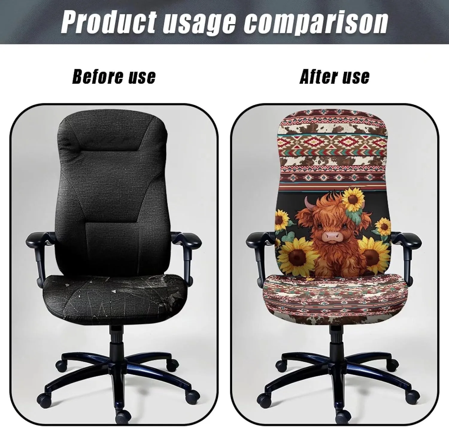 Xoenoiee Aztec Tribe Sunflower Cattle Cowhide Print Computer Office Chair Covers Stretchable Soft Fit Universal Desk Rotating Slipcovers, Removable Washable Chair Protector Cover with Button, Large