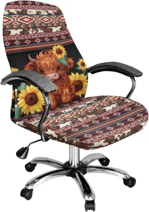 Xoenoiee Aztec Tribe Sunflower Cattle Cowhide Print Computer Office Chair Covers Stretchable Soft Fit Universal Desk Rotating Slipcovers, Removable Washable Chair Protector Cover with Button, Large