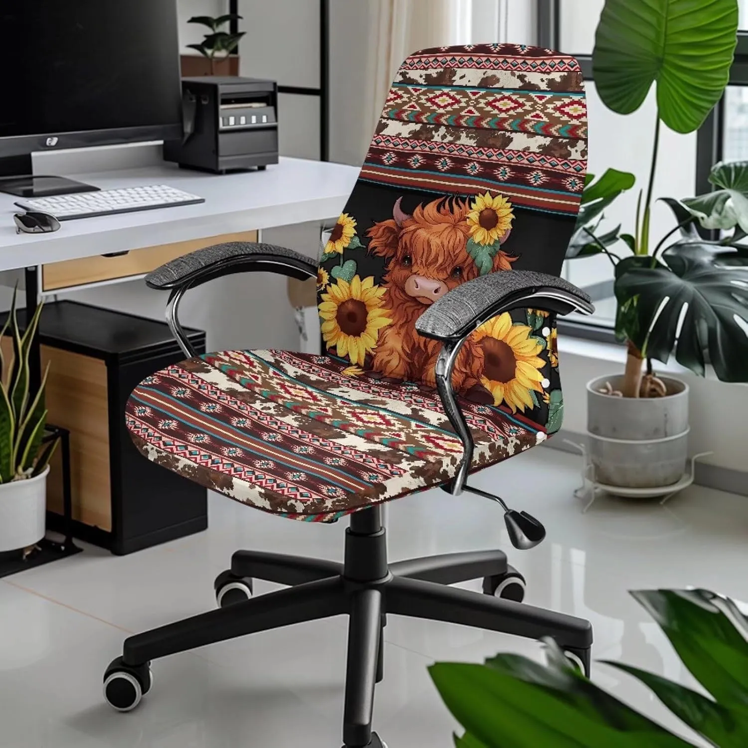 Xoenoiee Aztec Tribe Sunflower Cattle Cowhide Print Computer Office Chair Covers Stretchable Soft Fit Universal Desk Rotating Slipcovers, Removable Washable Chair Protector Cover with Button, Large