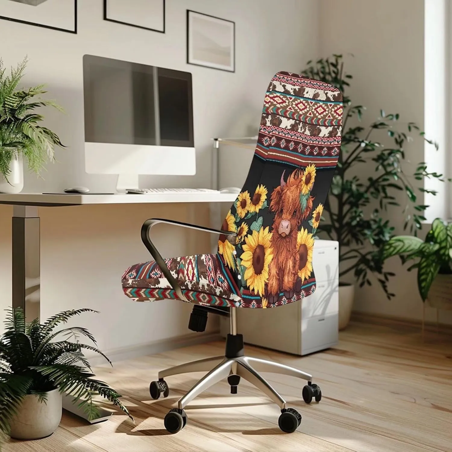 Xoenoiee Aztec Tribe Sunflower Cattle Cowhide Print Computer Office Chair Covers Stretchable Soft Fit Universal Desk Rotating Slipcovers, Removable Washable Chair Protector Cover with Button, Large