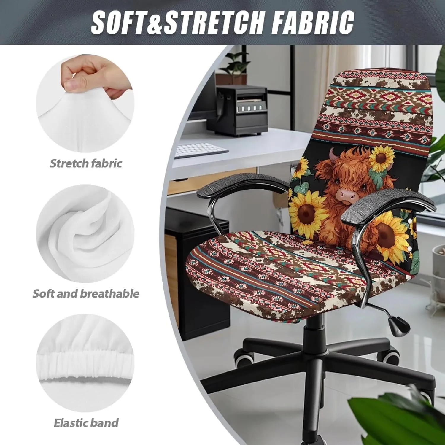 Xoenoiee Aztec Tribe Sunflower Cattle Cowhide Print Computer Office Chair Covers Stretchable Soft Fit Universal Desk Rotating Slipcovers, Removable Washable Chair Protector Cover with Button, Large