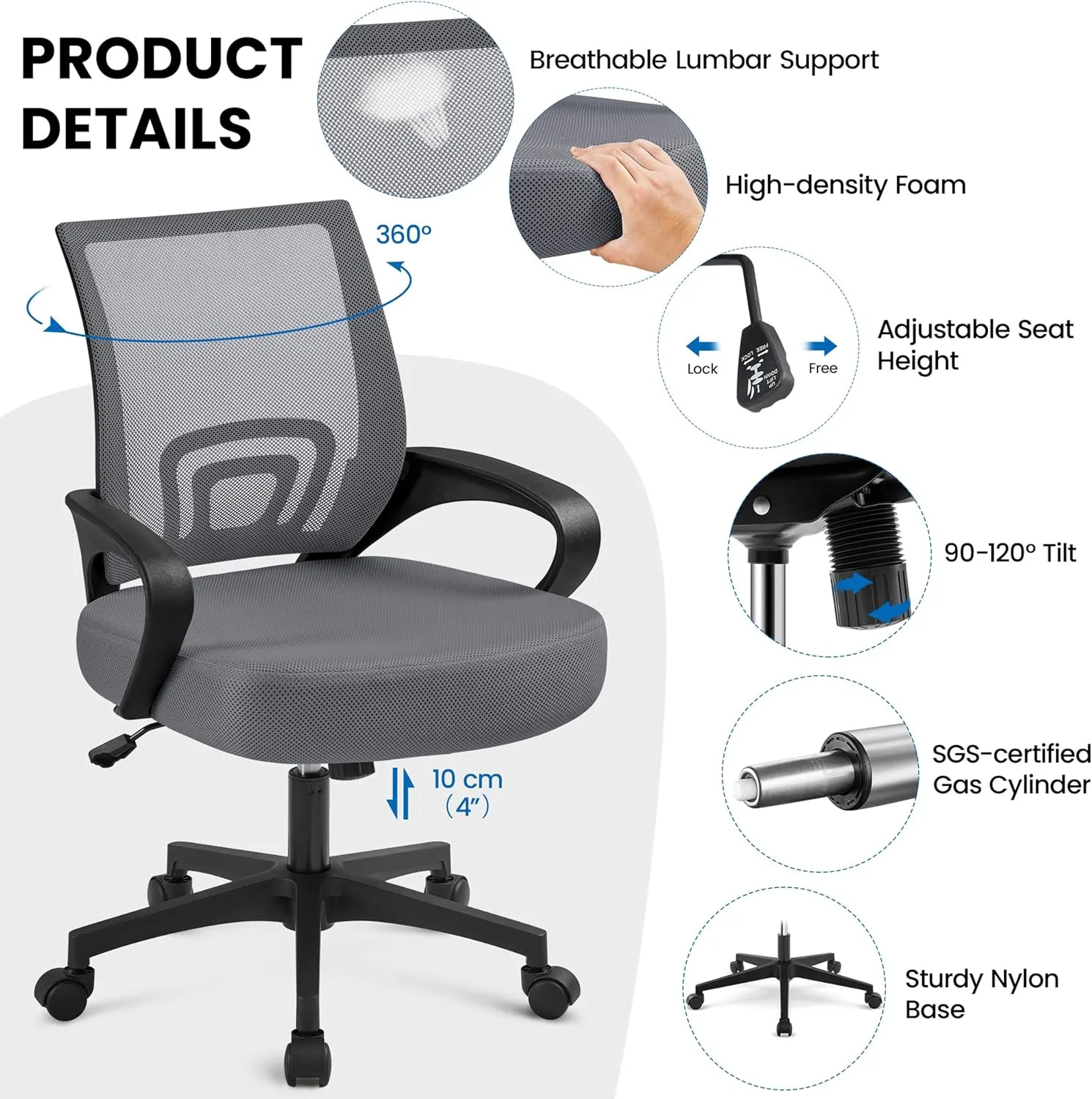 Yaheetech 2 Pack Ergonomic Office Chair with 360° Rolling Casters, Mesh Mid-Back Computer Chair for Recreation Dark Gray