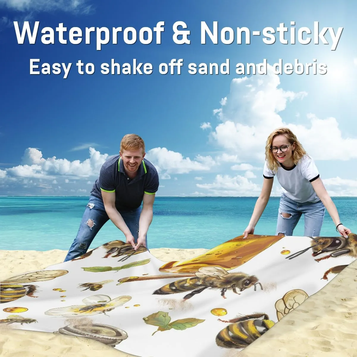 Yellow Bee Beach Blanket, Sandproof Beach Mat, Adults Waterproof Quick Drying Sand Free Mat with 4 x Ground Spikes for Outdoor Travel Camping Hiking, Sweet Honey