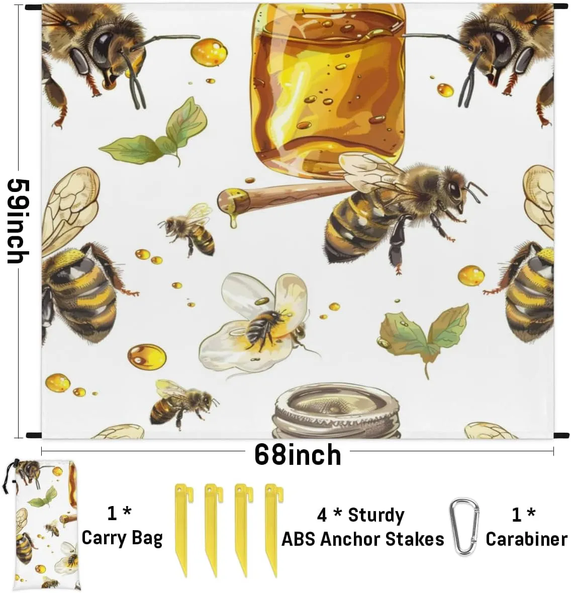 Yellow Bee Beach Blanket, Sandproof Beach Mat, Adults Waterproof Quick Drying Sand Free Mat with 4 x Ground Spikes for Outdoor Travel Camping Hiking, Sweet Honey