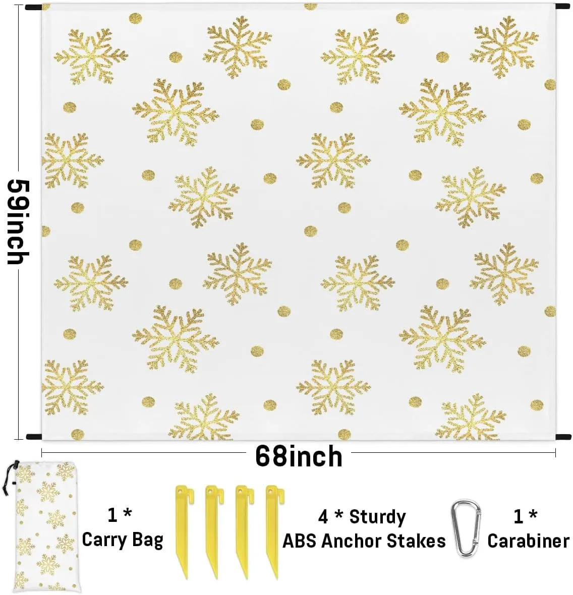 Yellow Snowflake Beach Blanket, Sandproof Beach Mat, 68 x 59 Waterproof Quick Drying Sand Free Mat with 4 x Ground Spikes for Outdoor Travel Camping Hiking, Christmas