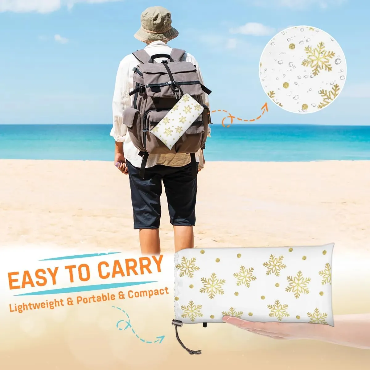 Yellow Snowflake Beach Blanket, Sandproof Beach Mat, 68 x 59 Waterproof Quick Drying Sand Free Mat with 4 x Ground Spikes for Outdoor Travel Camping Hiking, Christmas