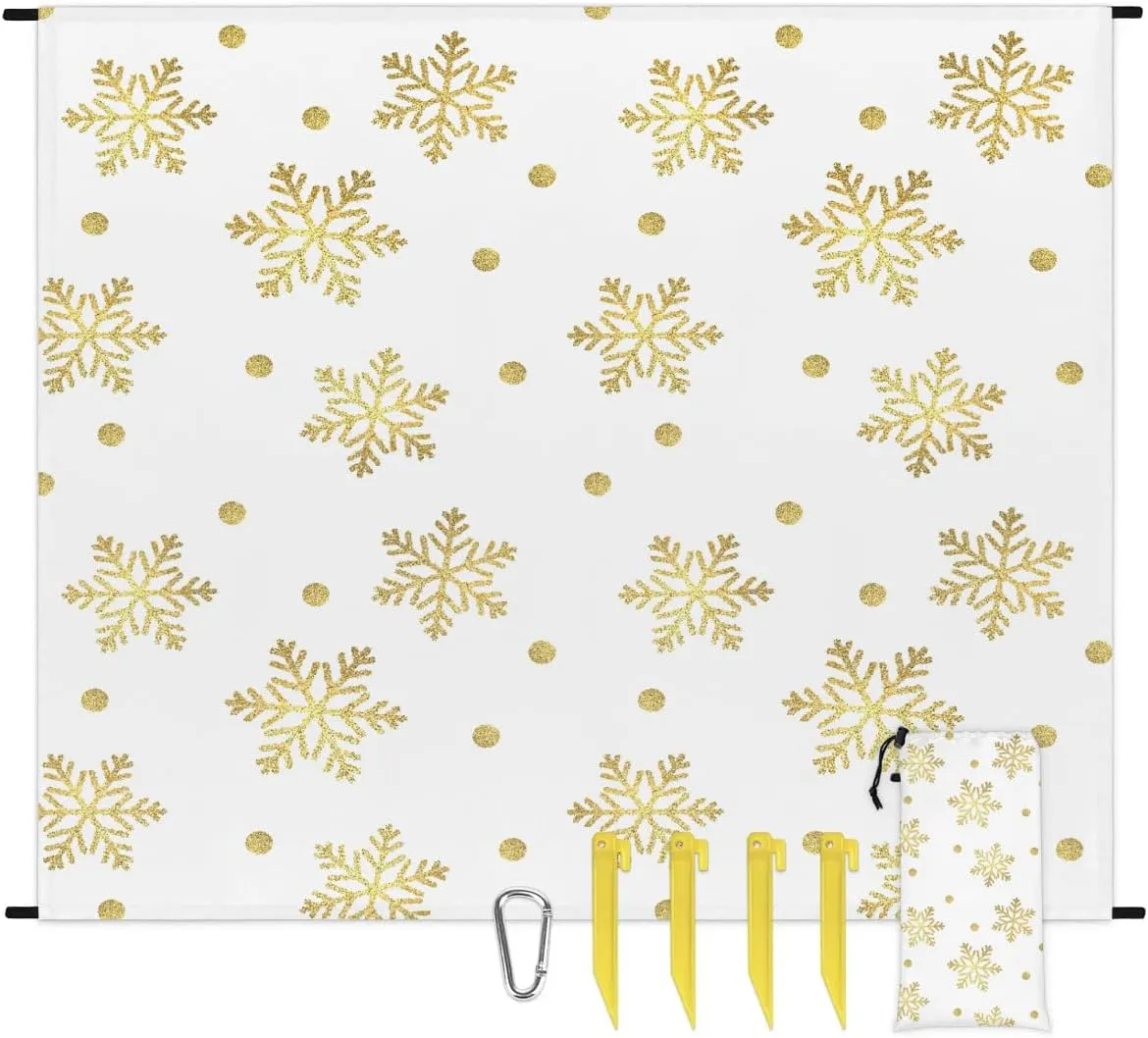Yellow Snowflake Beach Blanket, Sandproof Beach Mat, 68 x 59 Waterproof Quick Drying Sand Free Mat with 4 x Ground Spikes for Outdoor Travel Camping Hiking, Christmas
