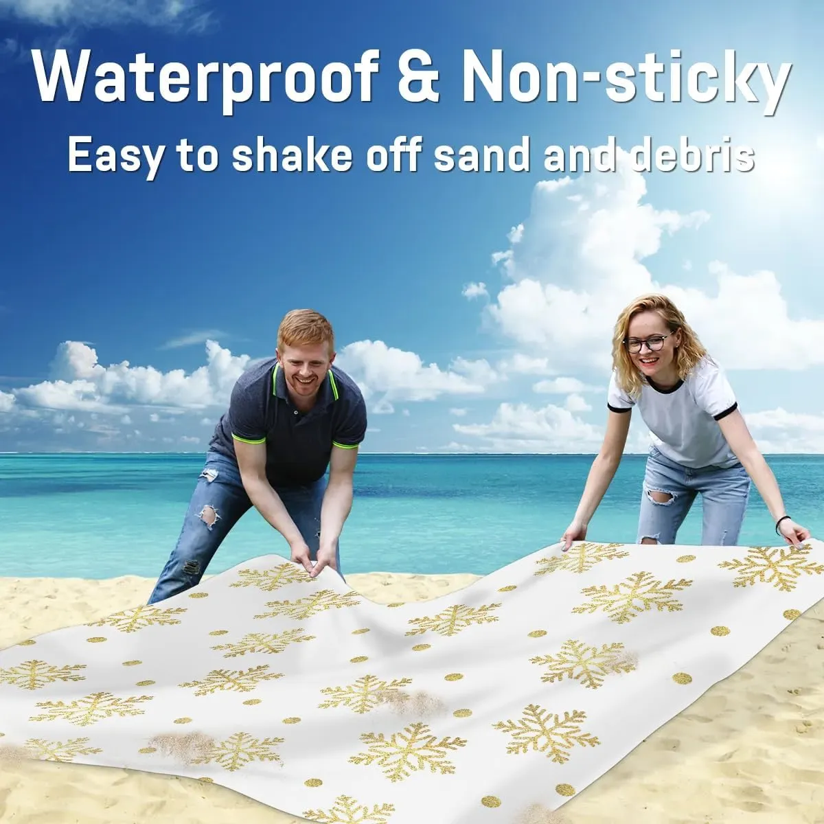 Yellow Snowflake Beach Blanket, Sandproof Beach Mat, 68 x 59 Waterproof Quick Drying Sand Free Mat with 4 x Ground Spikes for Outdoor Travel Camping Hiking, Christmas