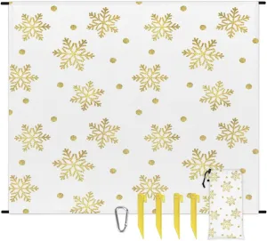 Yellow Snowflake Beach Blanket, Sandproof Beach Mat, 68 x 59 Waterproof Quick Drying Sand Free Mat with 4 x Ground Spikes for Outdoor Travel Camping Hiking, Christmas