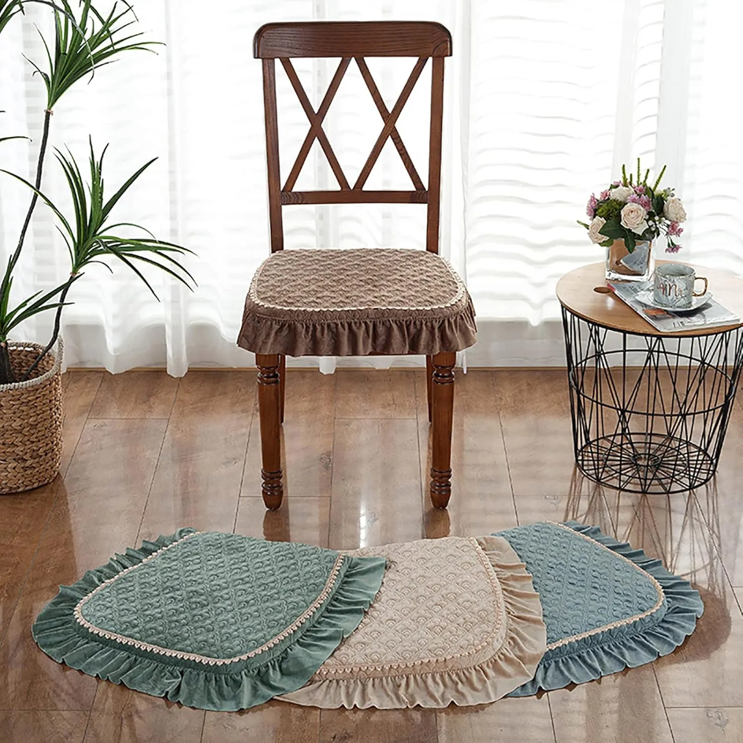 Yizc Lace Ruffle Chair Cushion,Non Slip European Seat Cushion Square Thicken Chair Pad with Ties,Luxury Decorative Chair Cover for Dining Chair Office Chairs-Beige c 43x45cm(17x18inch)