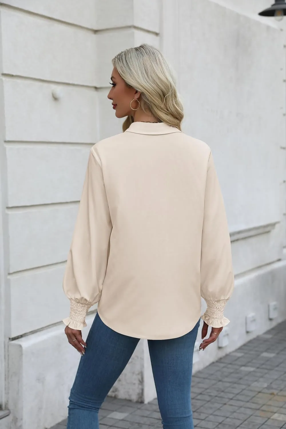 Zeagoo Womens Button Down Shirts Smocked Cuffed Blouses Printed Lantern Shirt Long Sleeve Tops Casual Collar Business Fashion