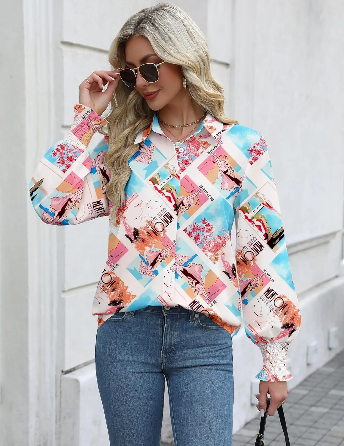 Zeagoo Womens Button Down Shirts Smocked Cuffed Blouses Printed Lantern Shirt Long Sleeve Tops Casual Collar Business Fashion