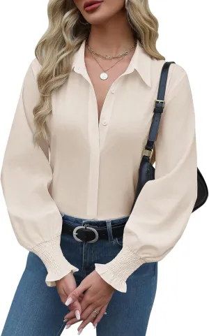 Zeagoo Womens Button Down Shirts Smocked Cuffed Blouses Printed Lantern Shirt Long Sleeve Tops Casual Collar Business Fashion