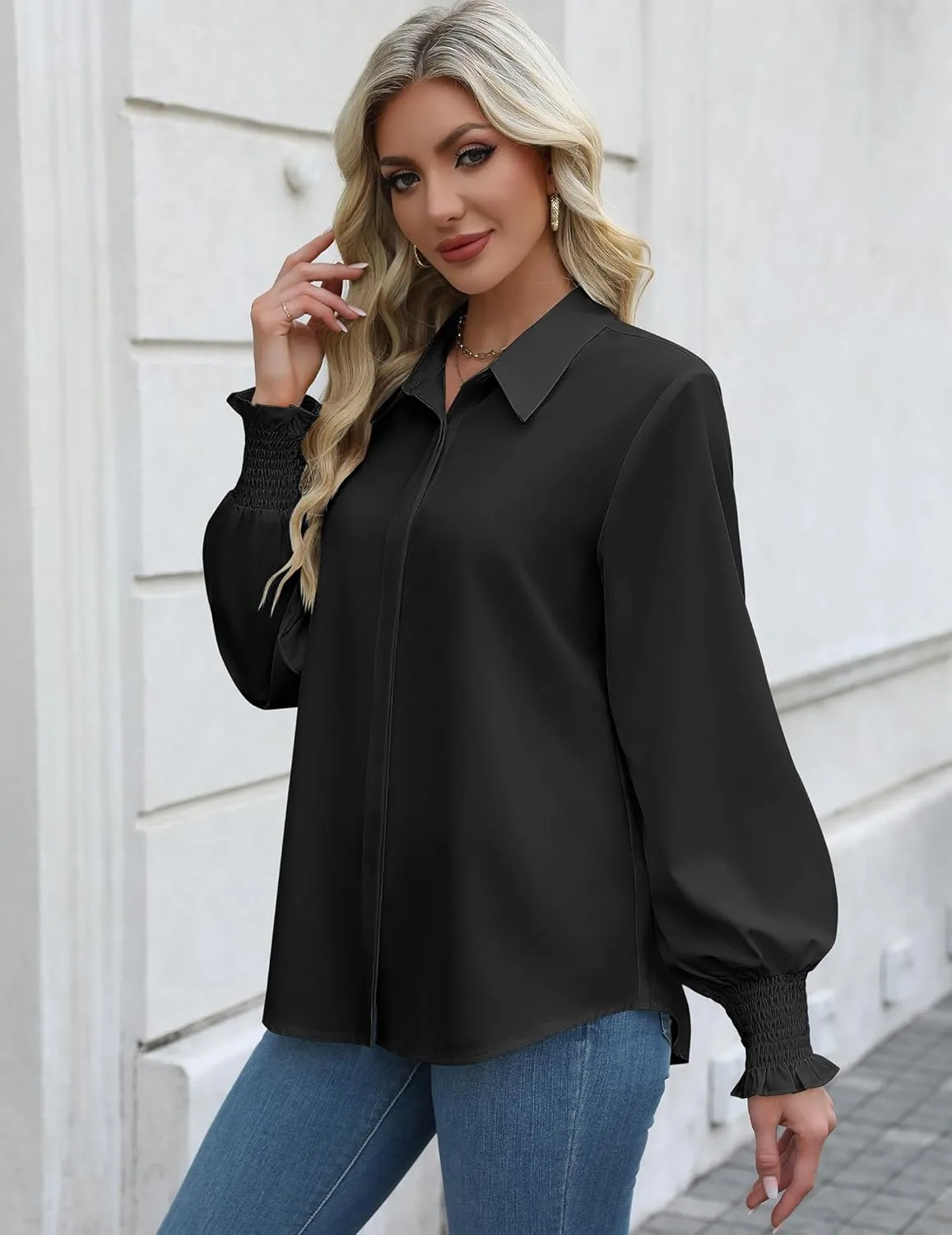Zeagoo Womens Button Down Shirts Smocked Cuffed Blouses Printed Lantern Shirt Long Sleeve Tops Casual Collar Business Fashion