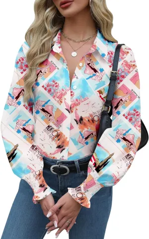 Zeagoo Womens Button Down Shirts Smocked Cuffed Blouses Printed Lantern Shirt Long Sleeve Tops Casual Collar Business Fashion