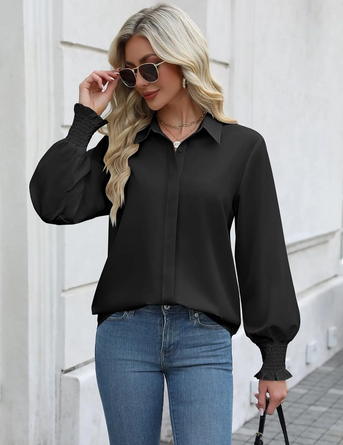 Zeagoo Womens Button Down Shirts Smocked Cuffed Blouses Printed Lantern Shirt Long Sleeve Tops Casual Collar Business Fashion