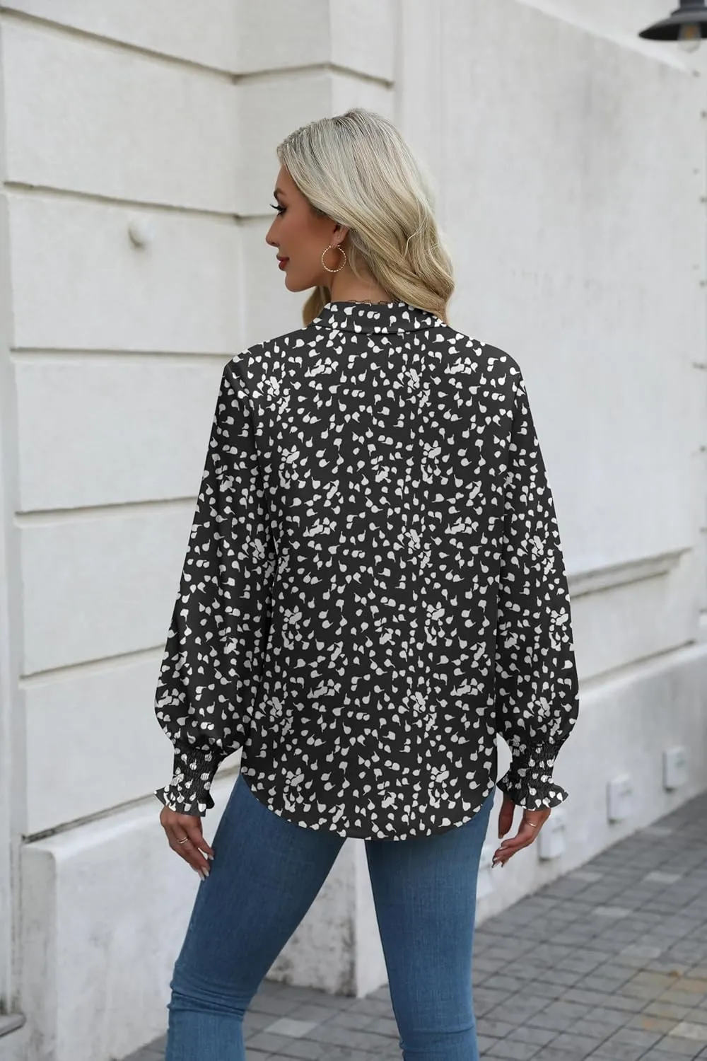 Zeagoo Womens Button Down Shirts Smocked Cuffed Blouses Printed Lantern Shirt Long Sleeve Tops Casual Collar Business Fashion