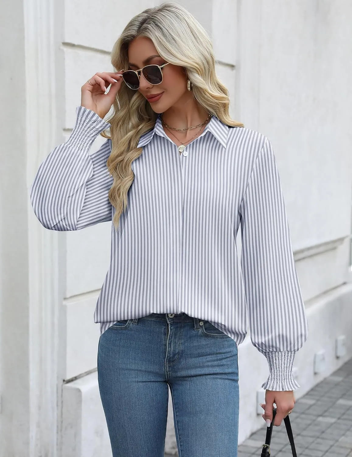 Zeagoo Womens Button Down Shirts Smocked Cuffed Blouses Printed Lantern Shirt Long Sleeve Tops Casual Collar Business Fashion