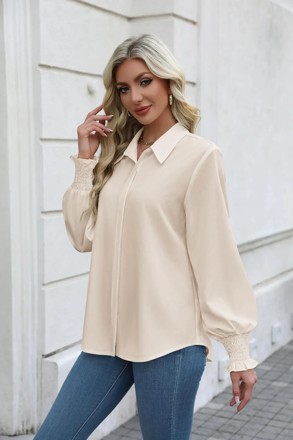 Zeagoo Womens Button Down Shirts Smocked Cuffed Blouses Printed Lantern Shirt Long Sleeve Tops Casual Collar Business Fashion