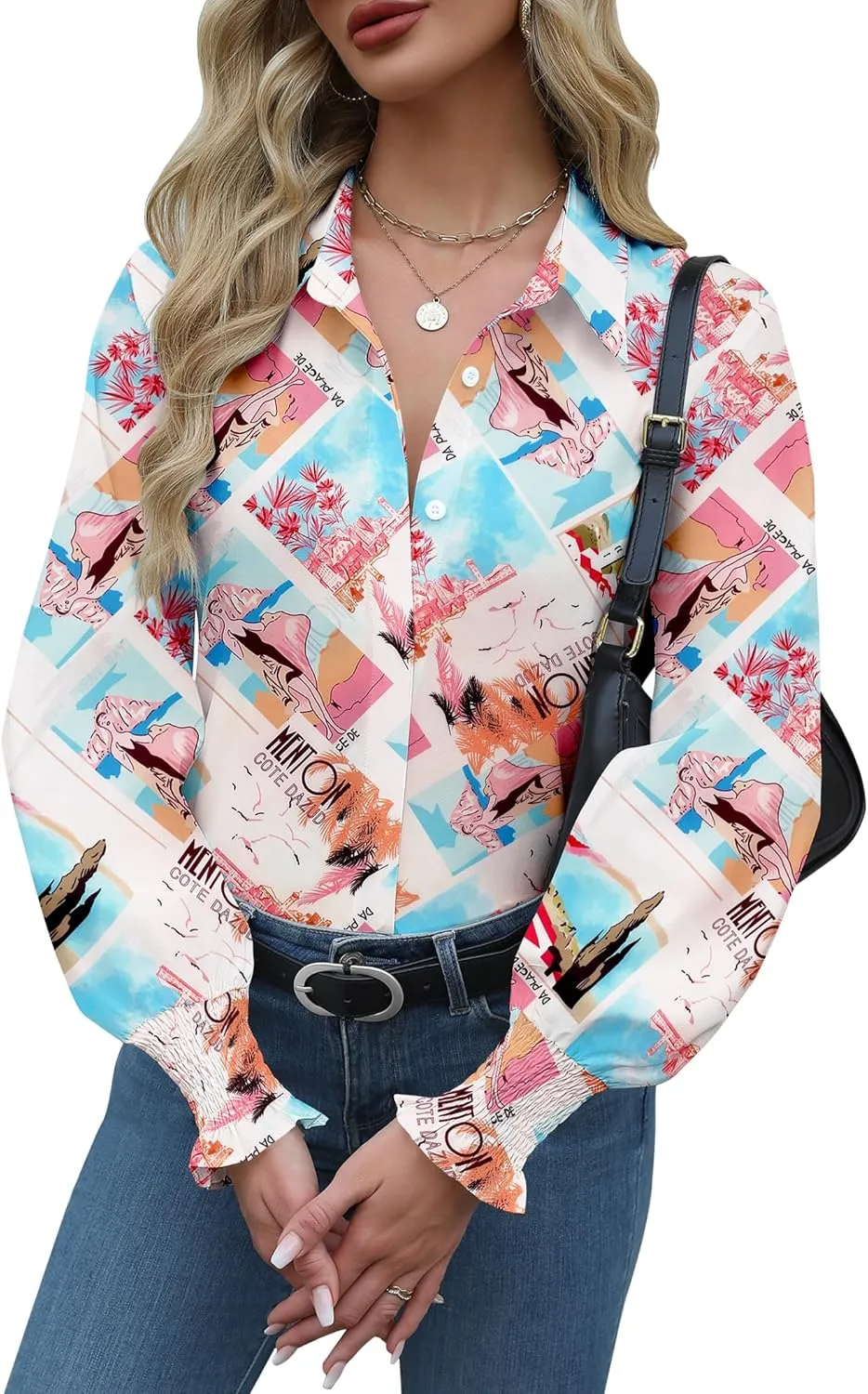 Zeagoo Womens Button Down Shirts Smocked Cuffed Blouses Printed Lantern Shirt Long Sleeve Tops Casual Collar Business Fashion