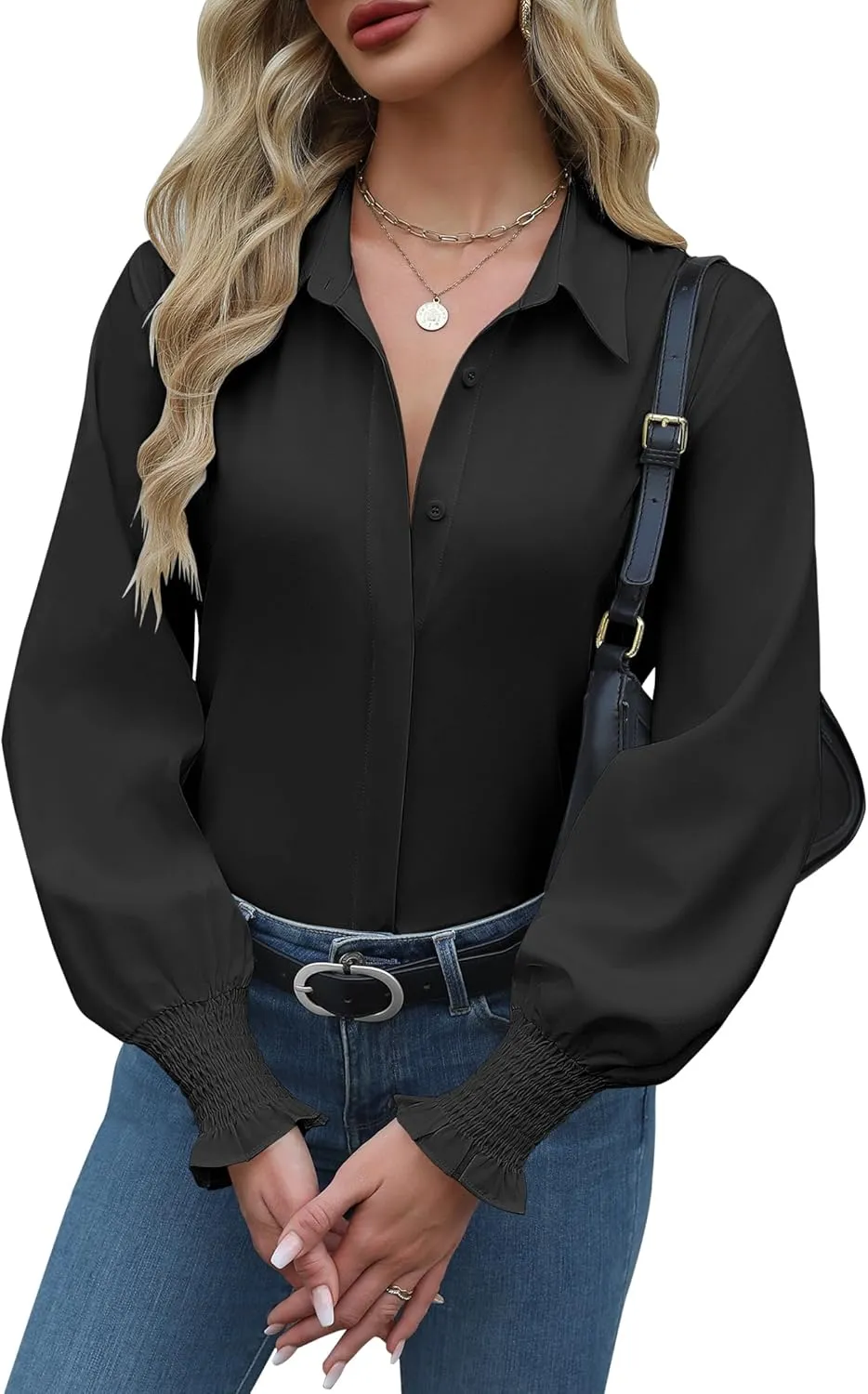 Zeagoo Womens Button Down Shirts Smocked Cuffed Blouses Printed Lantern Shirt Long Sleeve Tops Casual Collar Business Fashion