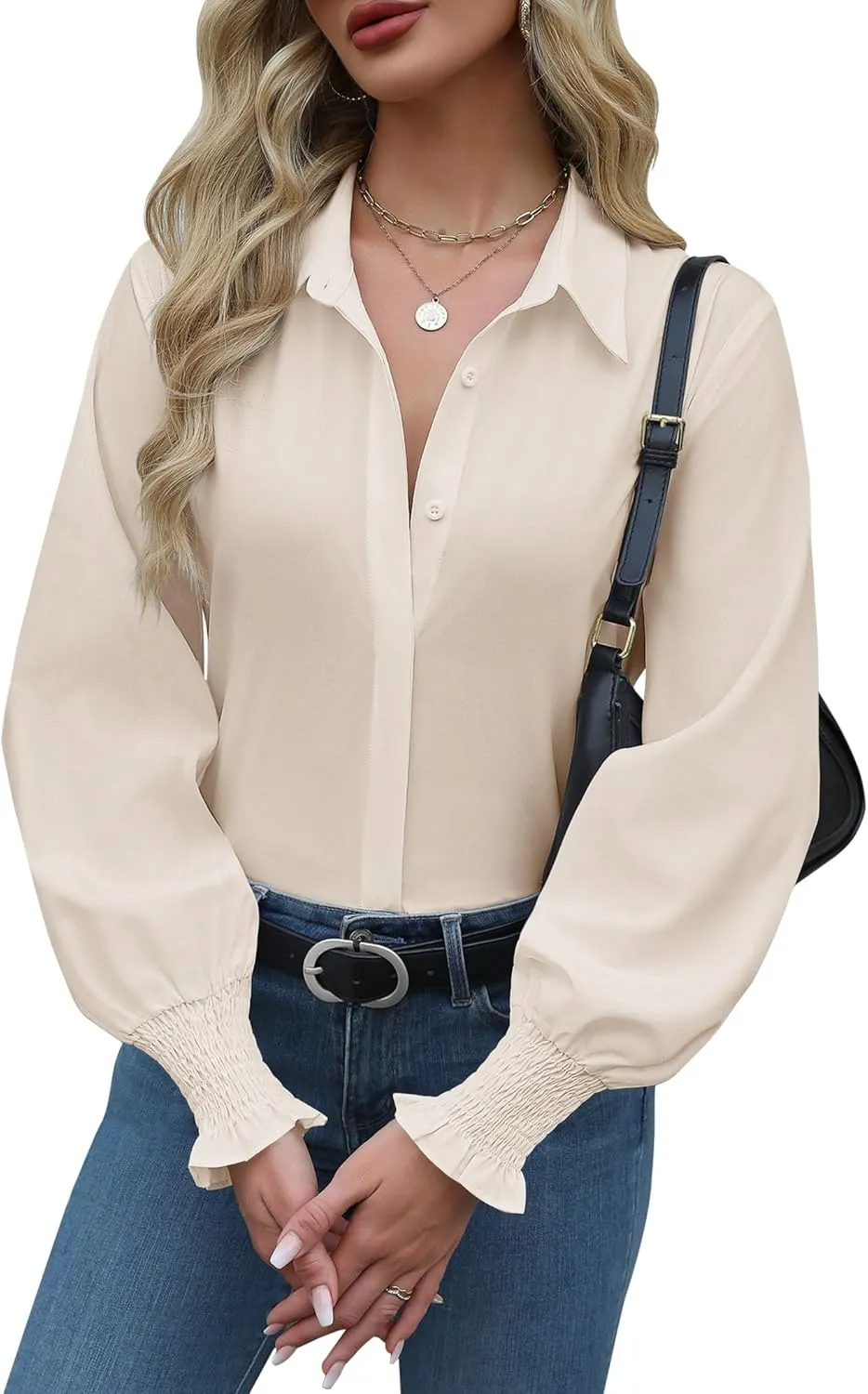 Zeagoo Womens Button Down Shirts Smocked Cuffed Blouses Printed Lantern Shirt Long Sleeve Tops Casual Collar Business Fashion