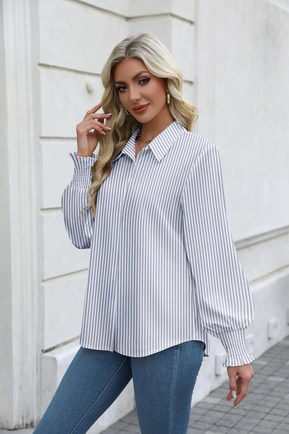 Zeagoo Womens Button Down Shirts Smocked Cuffed Blouses Printed Lantern Shirt Long Sleeve Tops Casual Collar Business Fashion