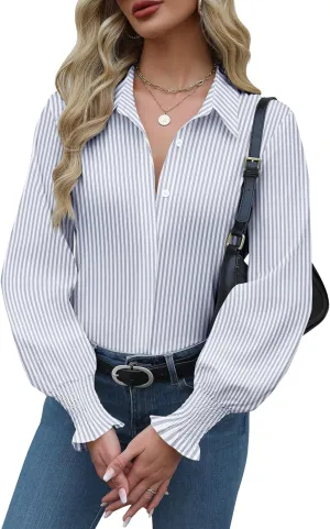 Zeagoo Womens Button Down Shirts Smocked Cuffed Blouses Printed Lantern Shirt Long Sleeve Tops Casual Collar Business Fashion
