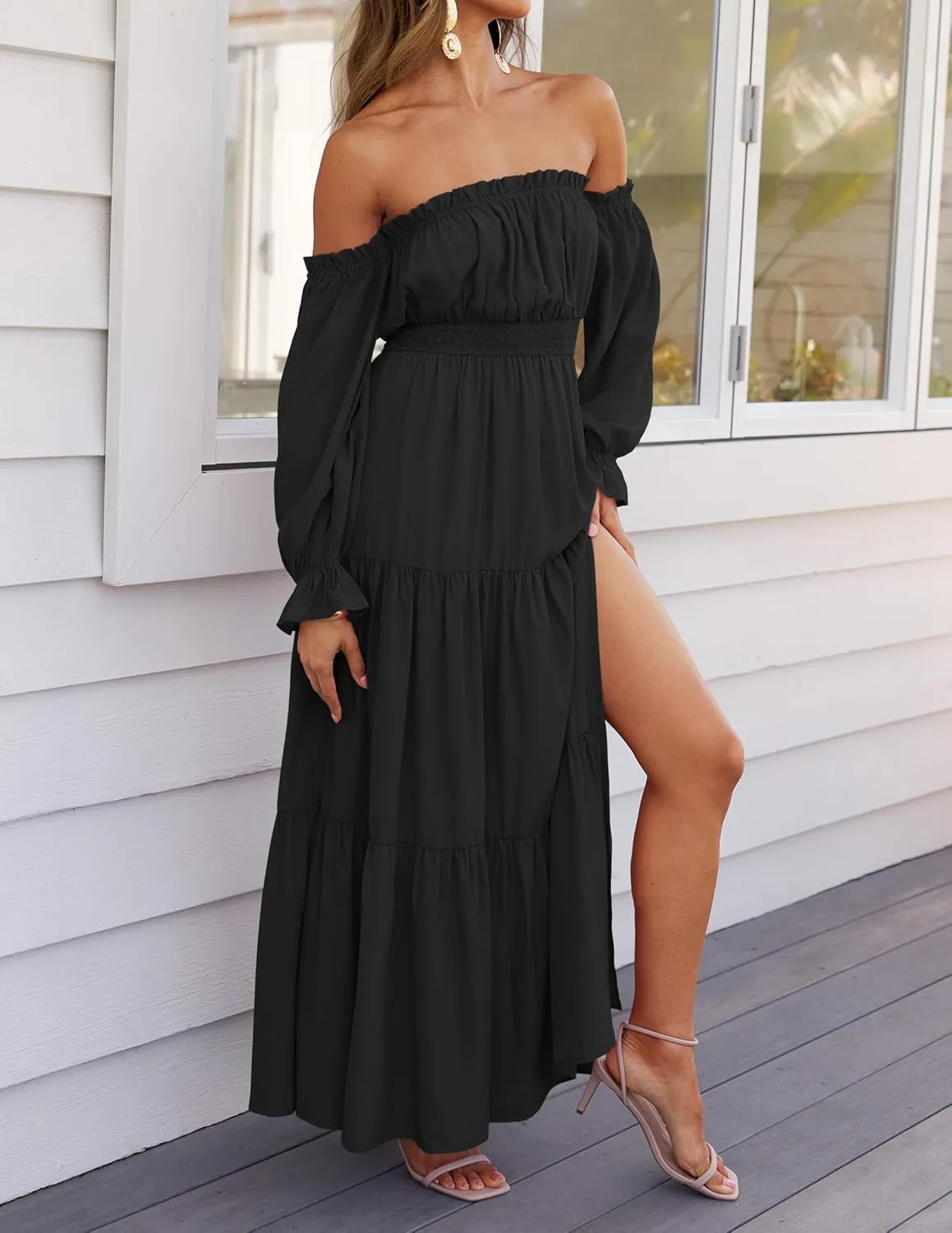 ZESICA Women's 2025 Boho Sexy Off Shoulder Long Sleeve Smocked High Waist Side Split Flowy A Line Tiered Long Maxi Dress