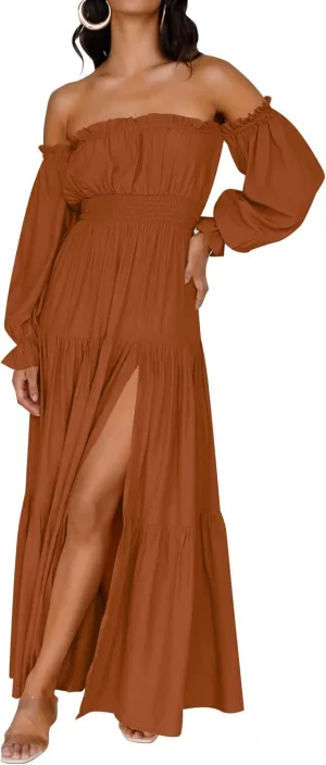 ZESICA Women's 2025 Boho Sexy Off Shoulder Long Sleeve Smocked High Waist Side Split Flowy A Line Tiered Long Maxi Dress