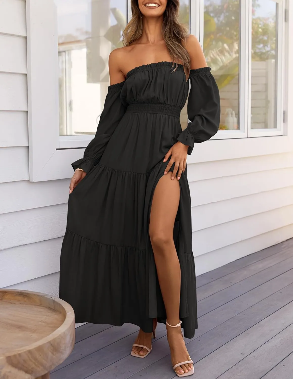 ZESICA Women's 2025 Boho Sexy Off Shoulder Long Sleeve Smocked High Waist Side Split Flowy A Line Tiered Long Maxi Dress