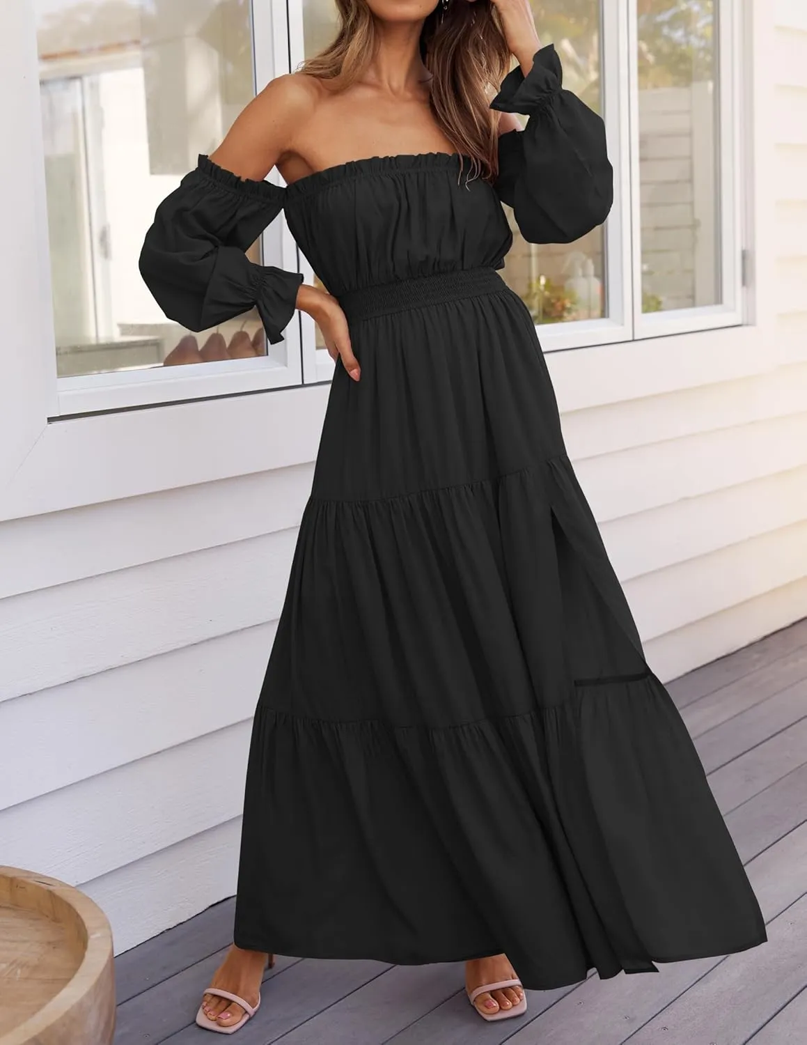 ZESICA Women's 2025 Boho Sexy Off Shoulder Long Sleeve Smocked High Waist Side Split Flowy A Line Tiered Long Maxi Dress