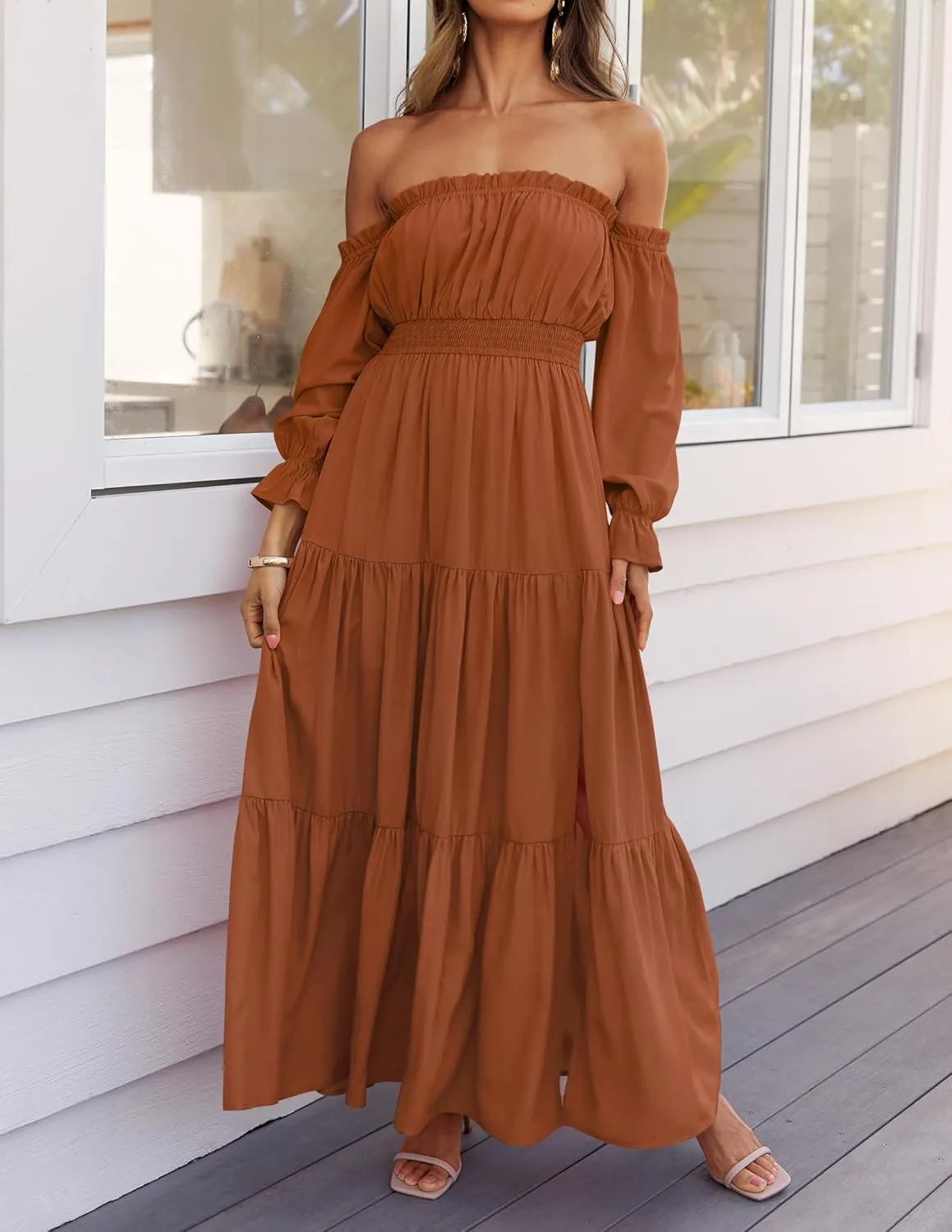ZESICA Women's 2025 Boho Sexy Off Shoulder Long Sleeve Smocked High Waist Side Split Flowy A Line Tiered Long Maxi Dress