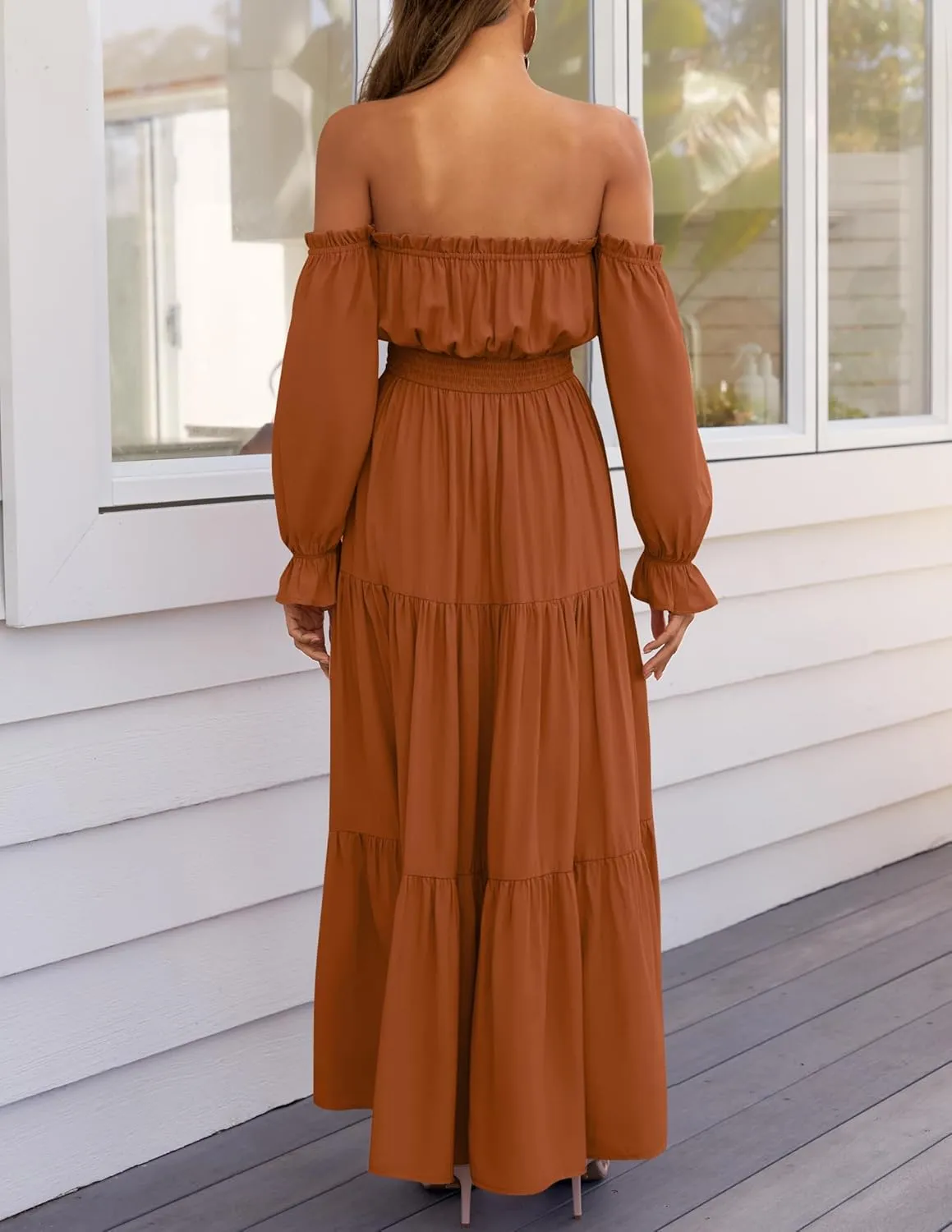 ZESICA Women's 2025 Boho Sexy Off Shoulder Long Sleeve Smocked High Waist Side Split Flowy A Line Tiered Long Maxi Dress