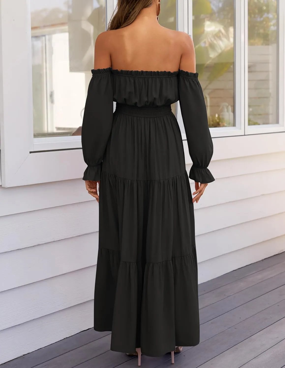 ZESICA Women's 2025 Boho Sexy Off Shoulder Long Sleeve Smocked High Waist Side Split Flowy A Line Tiered Long Maxi Dress