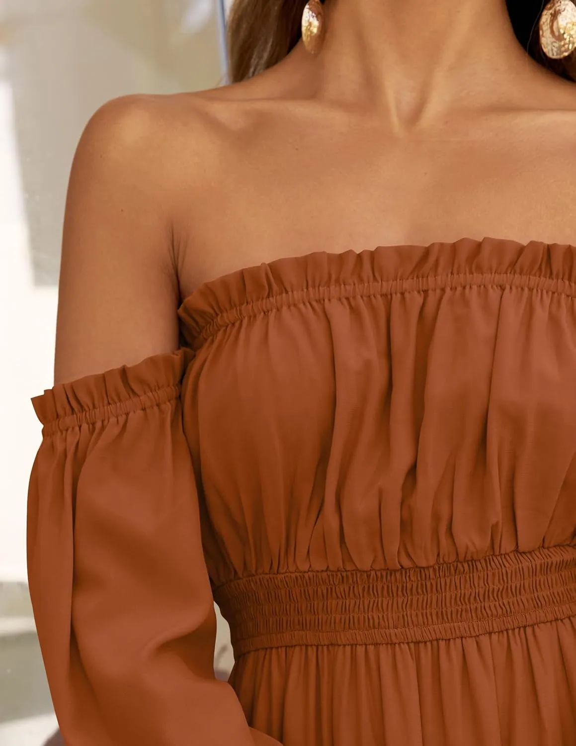ZESICA Women's 2025 Boho Sexy Off Shoulder Long Sleeve Smocked High Waist Side Split Flowy A Line Tiered Long Maxi Dress