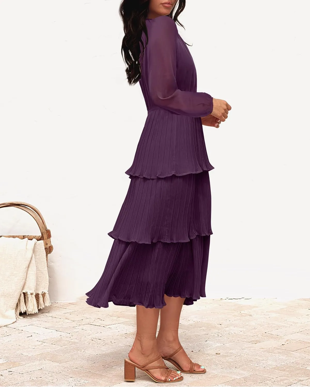 ZESICA Women's 2025 Long Sleeve Crew Neck Ruffle Tiered Layered Chiffon Flowy Swing 2025 Long Midi Dress