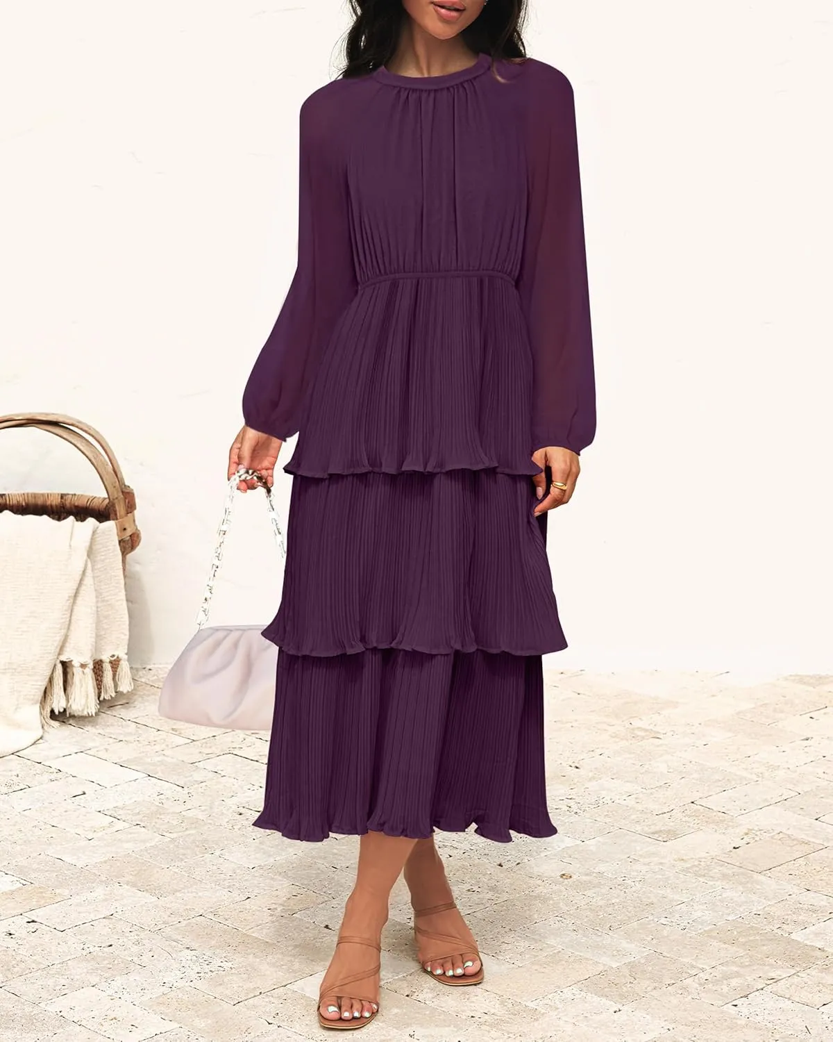 ZESICA Women's 2025 Long Sleeve Crew Neck Ruffle Tiered Layered Chiffon Flowy Swing 2025 Long Midi Dress