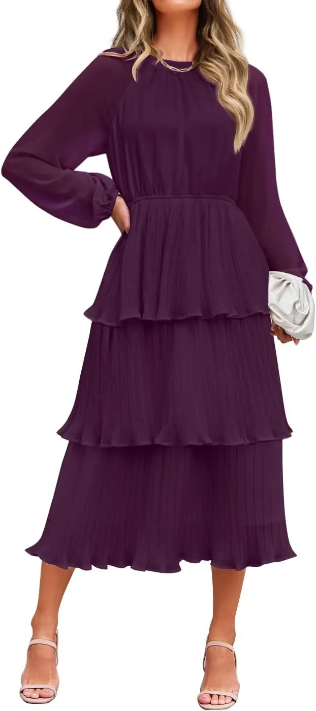 ZESICA Women's 2025 Long Sleeve Crew Neck Ruffle Tiered Layered Chiffon Flowy Swing 2025 Long Midi Dress