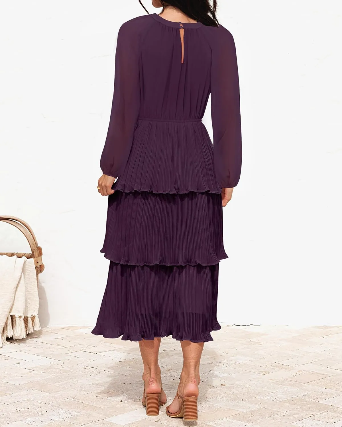 ZESICA Women's 2025 Long Sleeve Crew Neck Ruffle Tiered Layered Chiffon Flowy Swing 2025 Long Midi Dress