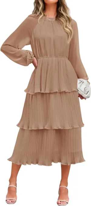 ZESICA Women's 2025 Long Sleeve Crew Neck Ruffle Tiered Layered Chiffon Flowy Swing Long Midi Dress