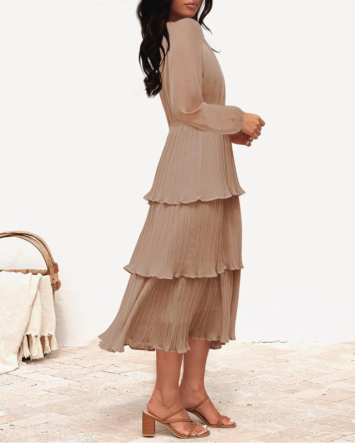 ZESICA Women's 2025 Long Sleeve Crew Neck Ruffle Tiered Layered Chiffon Flowy Swing Long Midi Dress