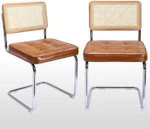 Zesthouse Natural Rattan Dining Chairs Set of 2, Modern Dining Room Chairs with Solid Wood Back for Kitchen Living Room, Mid Century Breuer Design Inspired, Upholstered Faux Leather Brown