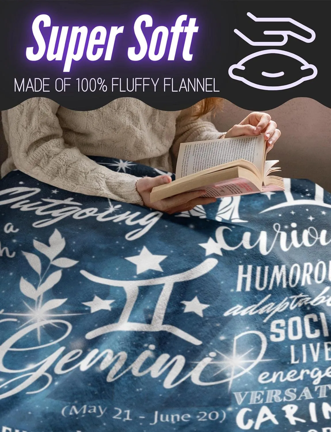Zodiac Constellation Gifts for Women, Zodiac Sign Birthday Gift with Message Flannel Blanket Throws (50"x 65") - Gemini